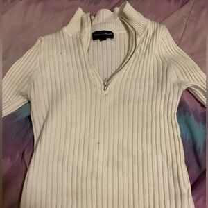 White Ribbed Half-Zip Sweater